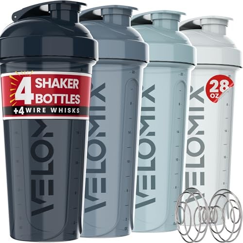 VELOMIX 4 PACK 28 Oz Protein Shaker Bottle for Protein Mixes 4x Wire Whisk Leak Proof Shaker Cups for Protein Shakes Protein Shaker Bottle Pack Protein Shake Cup Aqua Depths